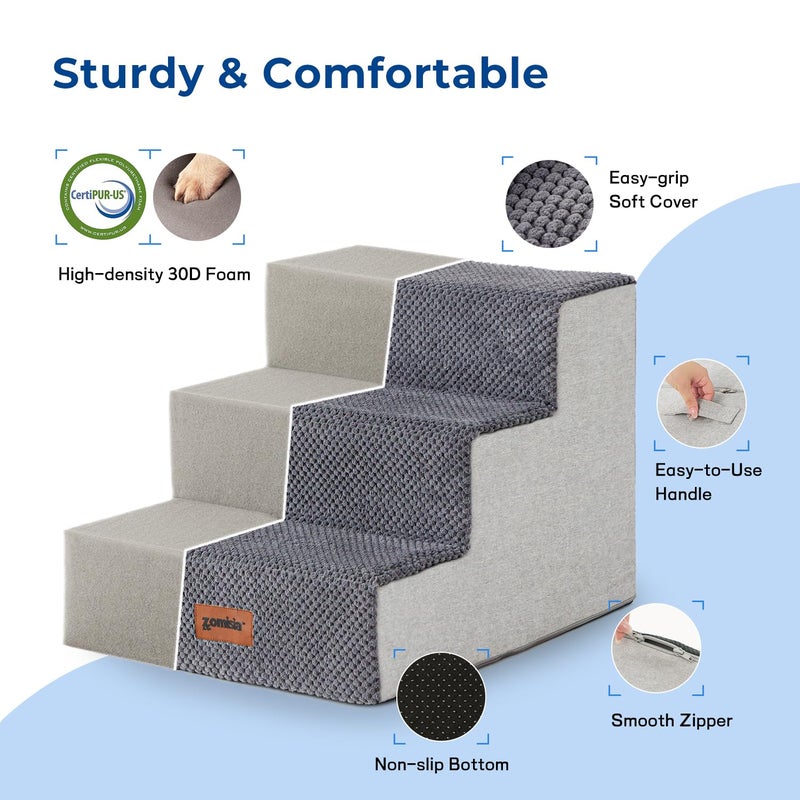 ZOMISIA Dog Steps for Couch - Pet Stairs for Small Dogs and Cats, Dog Steps with Non-Slip Bottom Grey 3 Steps, Grey - Image 3