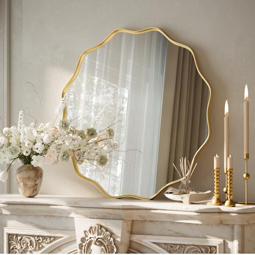 VooBang Gold Scalloped Circle Mirror 20 Wavy Edge Round Wall Mirror with Tempered Glass Textured Circular Metal Deep Frame Hanging Leaning for Bathroom Hallway Entryway Livng Room - Image 3
