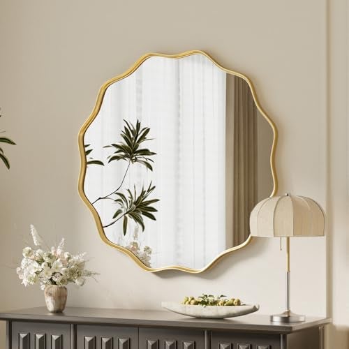 VooBang Gold Scalloped Circle Mirror 20 Wavy Edge Round Wall Mirror with Tempered Glass Textured Circular Metal Deep Frame Hanging Leaning for Bathroom Hallway Entryway Livng Room - Image 1