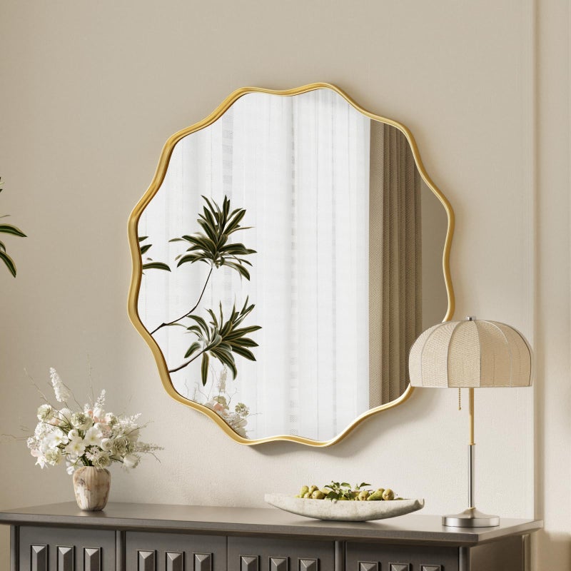VooBang Gold Scalloped Circle Mirror 20 Wavy Edge Round Wall Mirror with Tempered Glass Textured Circular Metal Deep Frame Hanging Leaning for Bathroom Hallway Entryway Livng Room - Image 2
