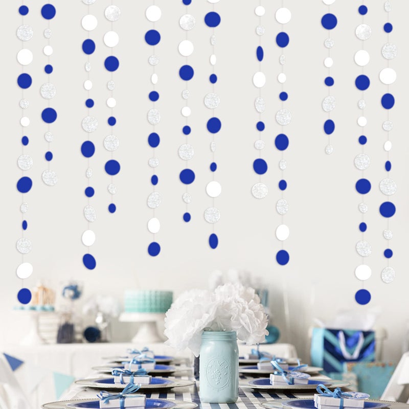 pinkblume 46 Feet Navy Blue White and Silver Circle Dots Garland Royal Blue Hanging Paper Polka Dots Streamer for Birthday Wedding Bridal Baby Shower Nautical Ahoy Achor Pirate Theme Party Decorations Supplies - Image 4