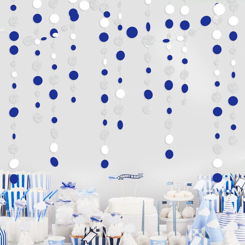 pinkblume 46 Feet Navy Blue White and Silver Circle Dots Garland Royal Blue Hanging Paper Polka Dots Streamer for Birthday Wedding Bridal Baby Shower Nautical Ahoy Achor Pirate Theme Party Decorations Supplies - Image 3