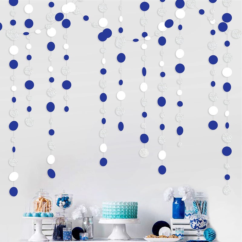 pinkblume 46 Feet Navy Blue White and Silver Circle Dots Garland Royal Blue Hanging Paper Polka Dots Streamer for Birthday Wedding Bridal Baby Shower Nautical Ahoy Achor Pirate Theme Party Decorations Supplies - Image 1