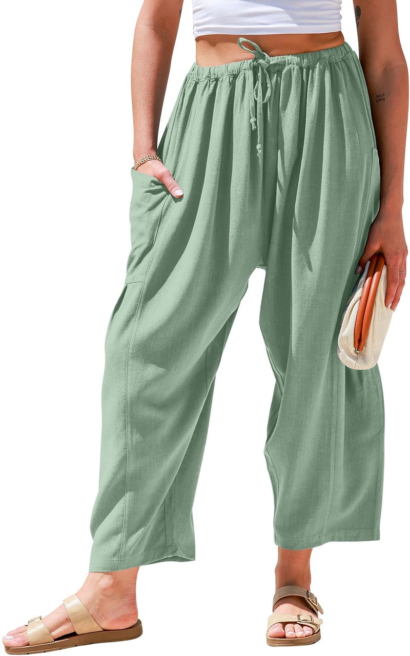 TARSE Womens Linen Wide Leg Pants Casual Loose Drawstring Low Waist Beach Palazzo Harem Pants with Pockets(LightArmyGreen,M) - Image 1