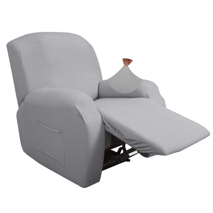 SUPER STRETCH RECLINER CHAIR COVERS 4 PIECES SOFA SLIPCOVER FOR RECLINING CHAIR SPANDEX SOFT RECLINER SLIPCOVER WITH POCKETS RECLINER FURNITURE PROTECTOR RECLINER LIGHT GRAY AND WHITE