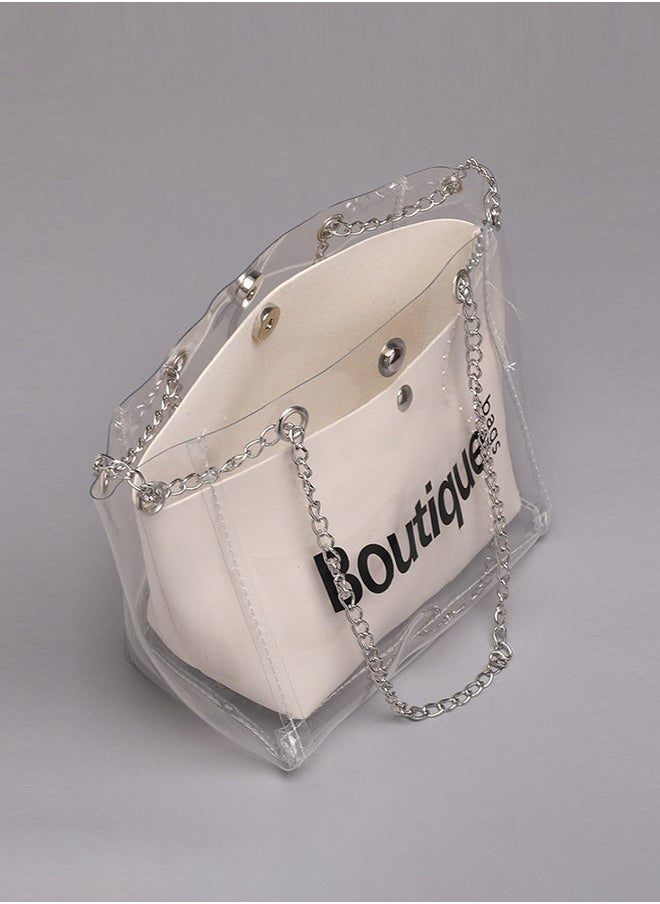 NIBEMINENT Letter Print Synthetic Silk Scarf Design Shoulder Bag Beige  - Image 4