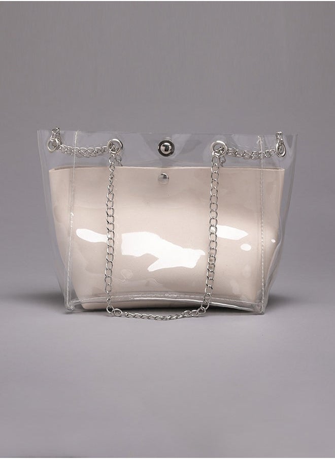 NIBEMINENT Letter Print Synthetic Silk Scarf Design Shoulder Bag Beige  - Image 2