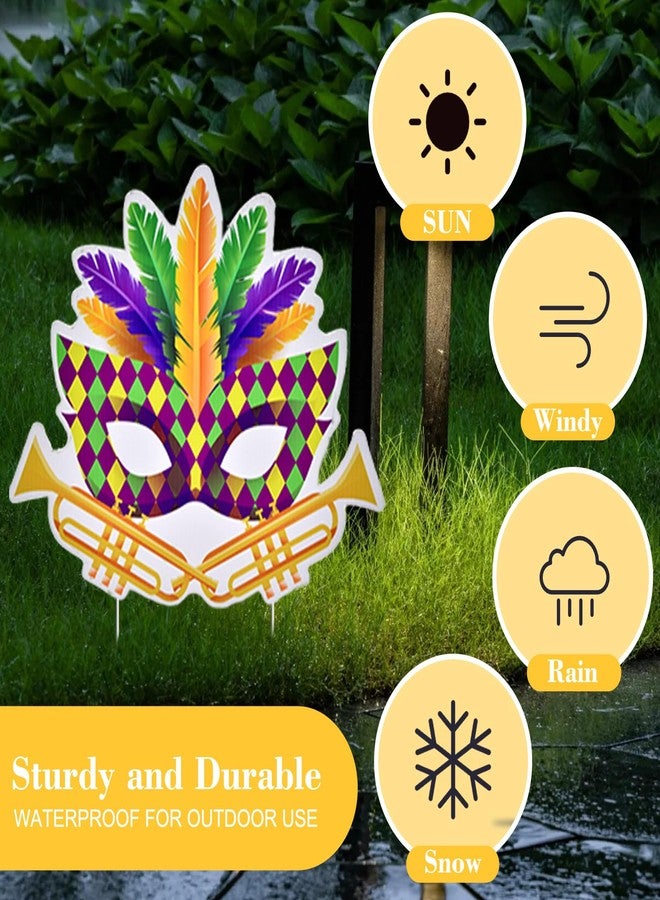 PhyLence 10 Pieces Mardi Gras Decorations Outdoor Yard Garden Porch Sign - Large Festive Mask, Jester, Crown, Drum, and Hat Masquerade Design Signs with Stakes for Outside Carnival Patio Pathway Lawn Decor - Image 4