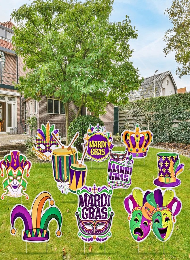 PhyLence 10 Pieces Mardi Gras Decorations Outdoor Yard Garden Porch Sign - Large Festive Mask, Jester, Crown, Drum, and Hat Masquerade Design Signs with Stakes for Outside Carnival Patio Pathway Lawn Decor - Image 5