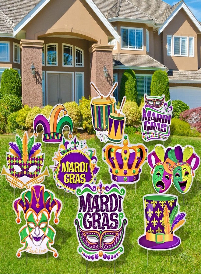 PhyLence 10 Pieces Mardi Gras Decorations Outdoor Yard Garden Porch Sign - Large Festive Mask, Jester, Crown, Drum, and Hat Masquerade Design Signs with Stakes for Outside Carnival Patio Pathway Lawn Decor - Image 1