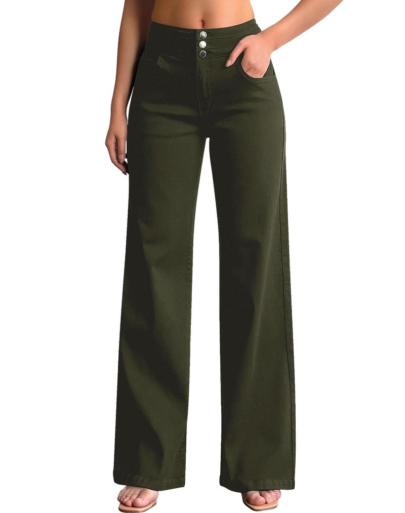 roswear Women's Wide Leg Jeans Casual High Waisted Stretch Baggy Loose Denim Pants Army Green Small - Image 1