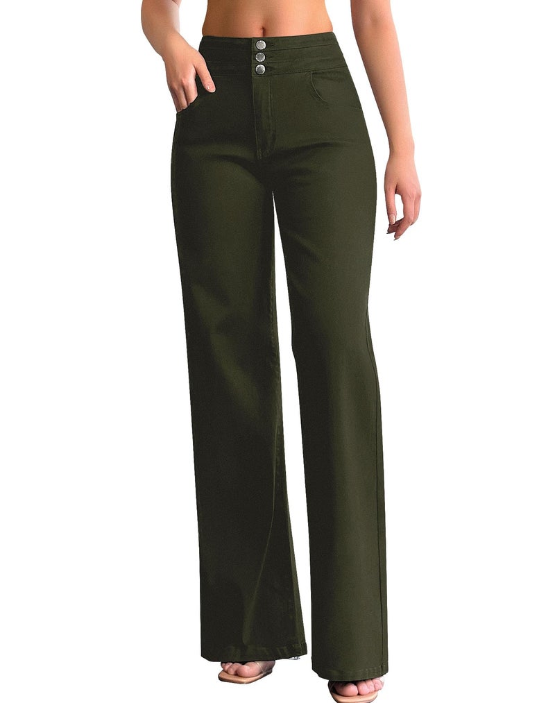 roswear Women's Wide Leg Jeans Casual High Waisted Stretch Baggy Loose Denim Pants Army Green Small - Image 3