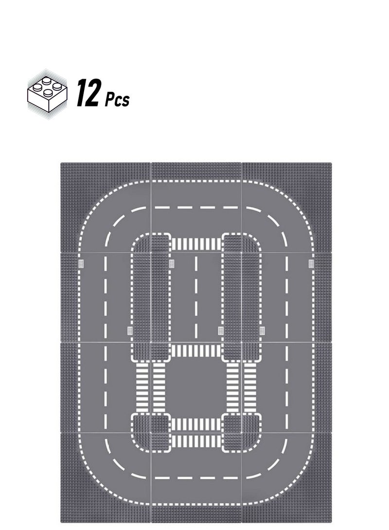 Lekebaby 12 Pack Road Base Plates, 10"x10" City Street Baseplates 100% Compatible with All Major Brands, 4 Curve / 4 T Junction / 3 Straight / 1 Junction - Image 1