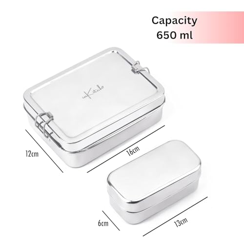 inKitch Stainless Steel Square Tiffin Box for Kids & Office | 650ML Rectangle Lunch Box with Inner Box & Locking Clip | Leak-Proof Steel Tiffin for School, College & Work | Durable & Food Safe - Image 2