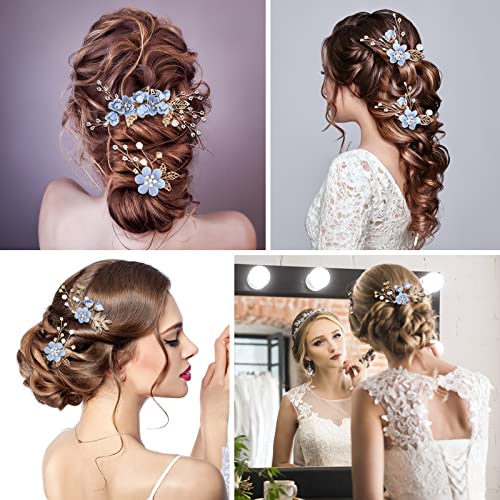 BOWINR 5 Pack Wedding Hair Piece Bridal Hair Comb, Blue Flower Rhinestone Hair Accessories Handmade Pearl Crystal Floral Leaf Hair Clip for Women Girls Bride Bridesmaids Prom Wedding Party - Image 3