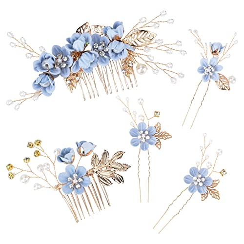 BOWINR 5 Pack Wedding Hair Piece Bridal Hair Comb, Blue Flower Rhinestone Hair Accessories Handmade Pearl Crystal Floral Leaf Hair Clip for Women Girls Bride Bridesmaids Prom Wedding Party - Image 1