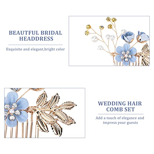 BOWINR 5 Pack Wedding Hair Piece Bridal Hair Comb, Blue Flower Rhinestone Hair Accessories Handmade Pearl Crystal Floral Leaf Hair Clip for Women Girls Bride Bridesmaids Prom Wedding Party - Image 5