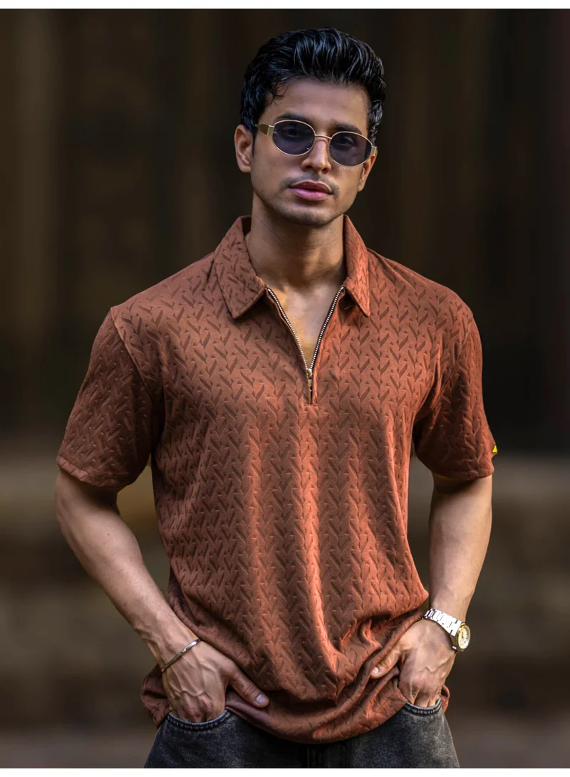 Maniac  Maniac Mens half zipper ralph textured polo neck half sleeve brown cotton polo t-shirt for Men | Best Price UAE