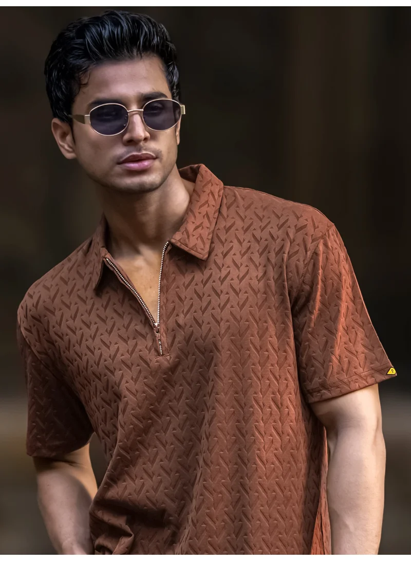 Maniac Maniac Mens Half Zipper Ralph Textured Polo Neck Half Sleeve Brown Cotton Polo T-Shirt