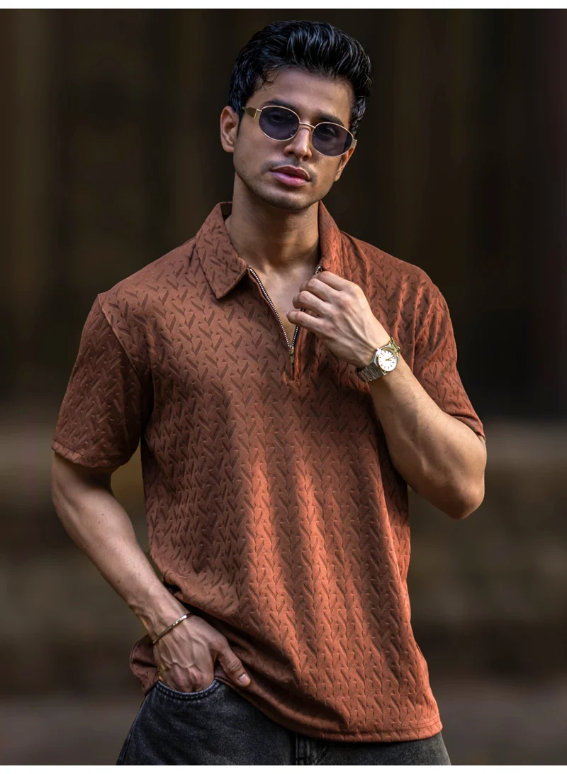 Maniac Maniac Mens Half Zipper Ralph Textured Polo Neck Half Sleeve Brown Cotton Polo T-Shirt