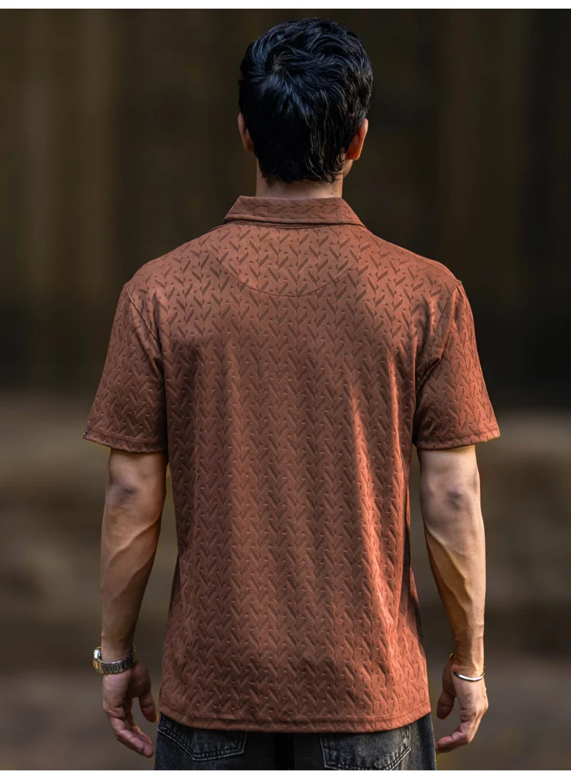 Maniac  Maniac Mens half zipper ralph textured polo neck half sleeve brown cotton polo t-shirt for Men | Best Price UAE