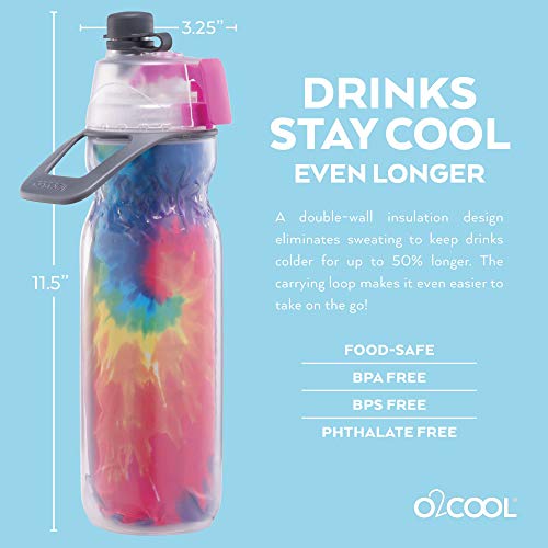 O2COOL Mist 'N Sip Misting Water Bottle 2-in-1 Mist And Sip Function With No Leak Pull Top Spout Reusable Sports Water Bottle - 20 oz (2 Pack Tie Dye) - Image 3
