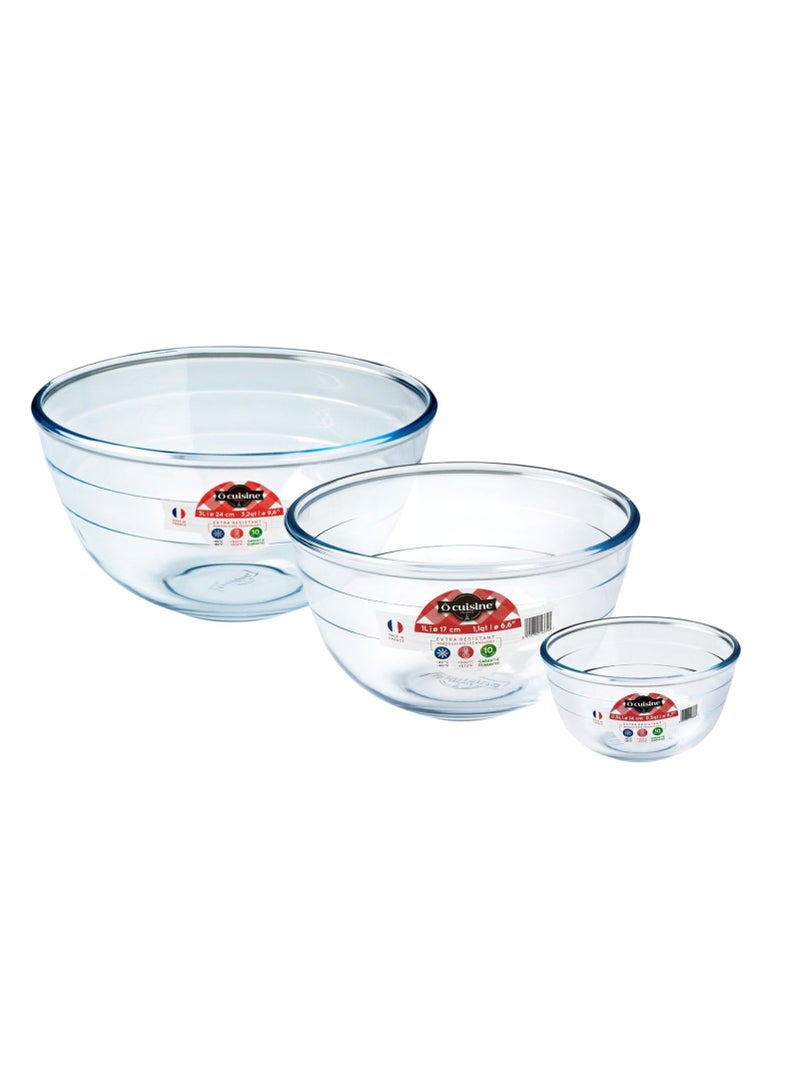 O'Cuisine Ôcuisine Mixing Bowl Set – 0.5L, 1L & 3.0L | Premium Borosilicate Glass Bowls, Versatile Kitchen Pack  - Image 1
