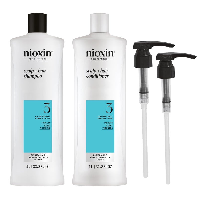 Nioxin System 3 Shampoo & Conditioner Prepack| For Colored or Damaged Hair with Light Thinning| With Niacinamide and Biotin | Pumps Included| 33.8 Fl Oz