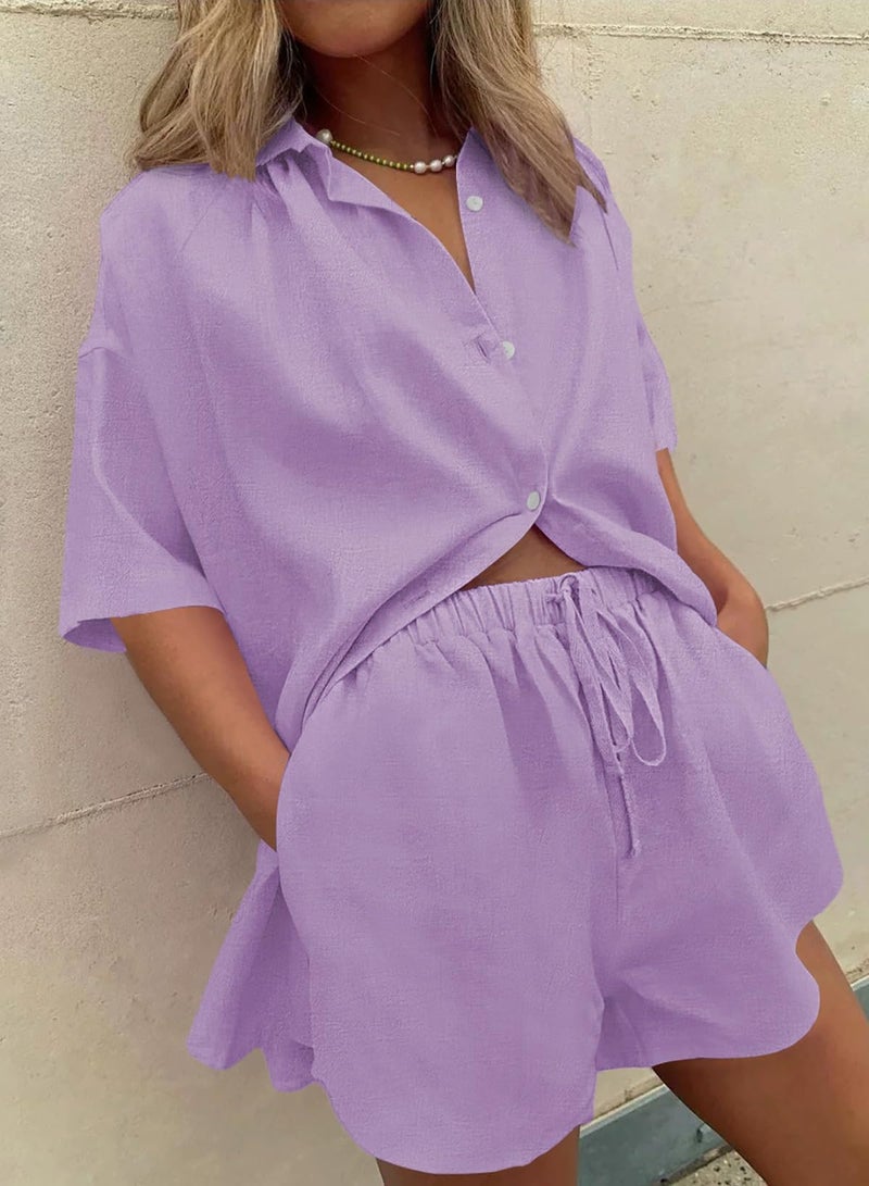 Fixmatti Women 2 Piece Beach Outfit Coverups Blouse and Shorts Set Summer Sweatsuit Purple M - Image 5