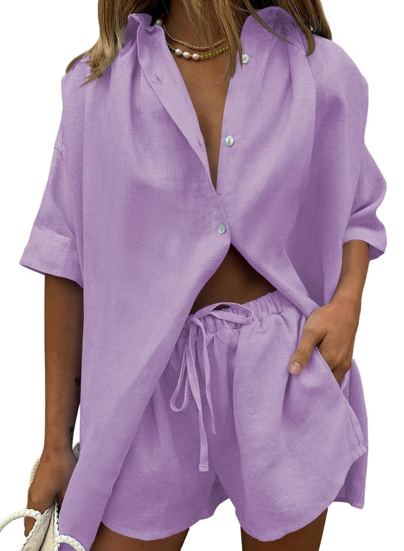 Fixmatti Women 2 Piece Beach Outfit Coverups Blouse and Shorts Set Summer Sweatsuit Purple M - Image 1