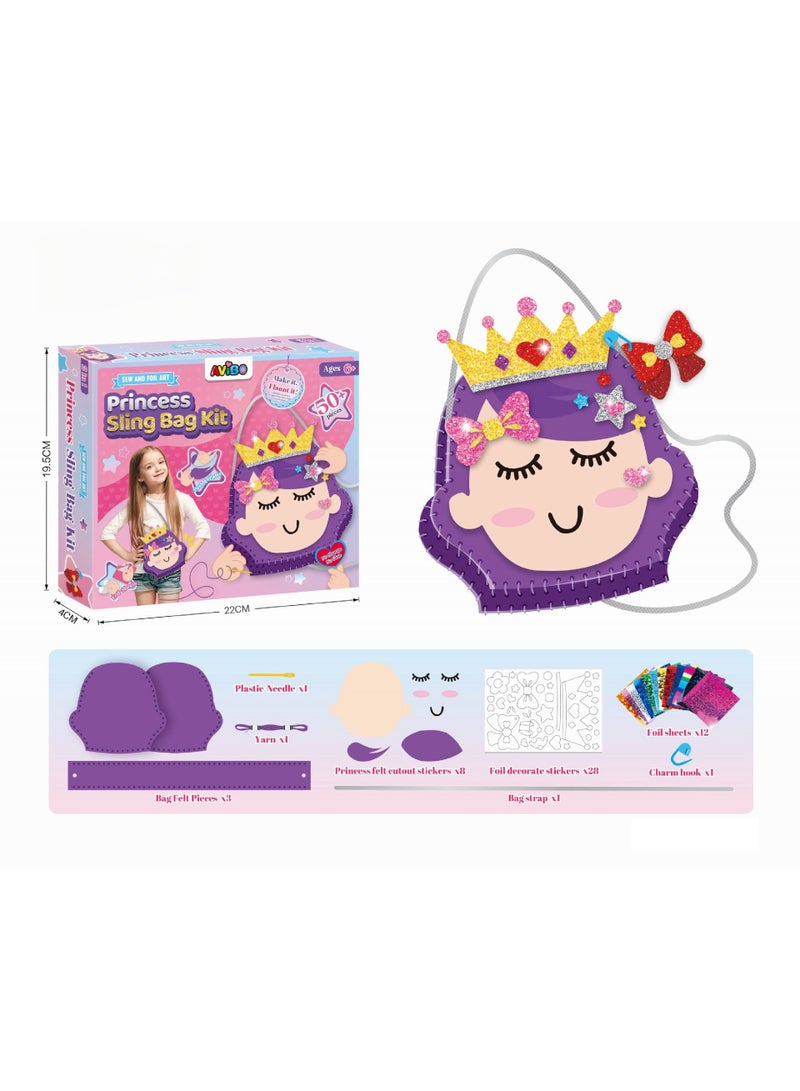 Capstro Sew & Foil Art Princess Sling Bag Kit – Little Girl DIY Sewing & Decorating Craft Set with Felt Bag Pieces, Foil Stickers & Yarn | Creative Arts & Crafts Toy Gift for Girls Ages 6–12 - Image 1