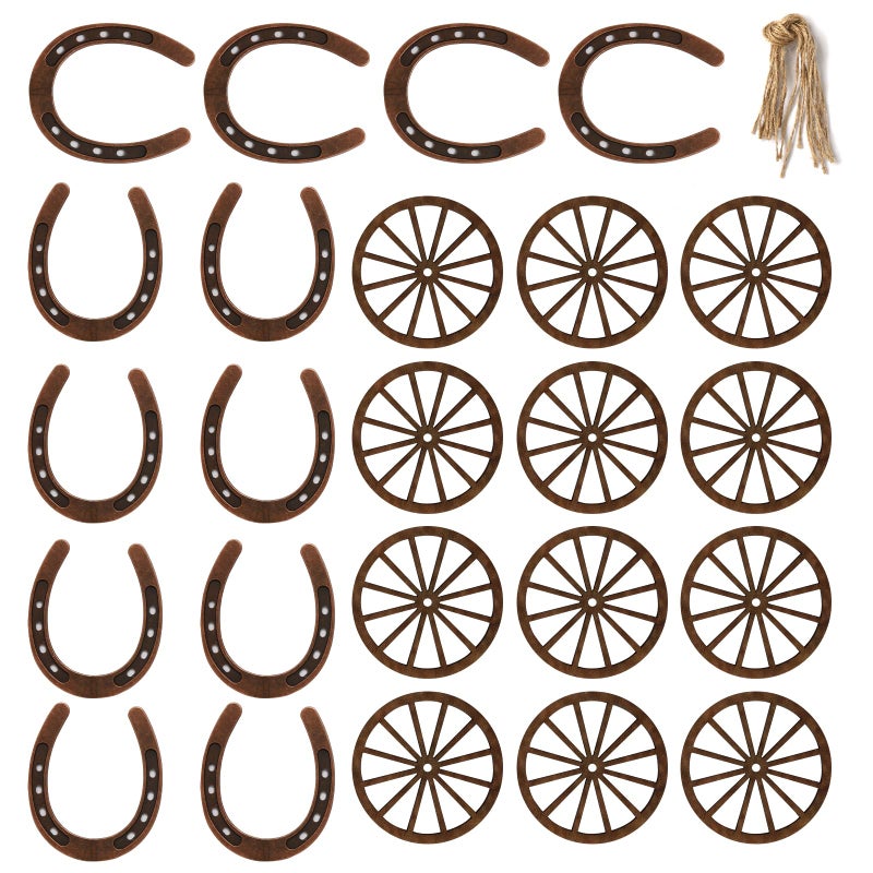 KSKSPE 24 Pcs Western Theme Party Decorationsï¼ŒKSKSPE Birthday Table Centerpieces Mini Horseshoes Wagon Wheel Horse Rodeo Decor for Crafts Wedding Party Favor, Wild West Cowboy Western Party Decor - Image 1