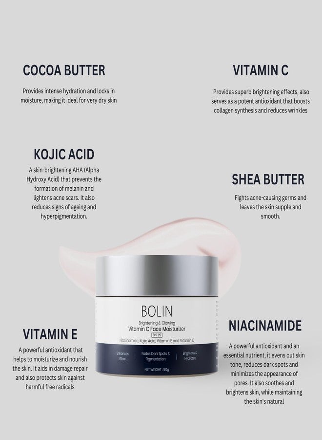 bolin مرطب الوجه بفيتامين سي المشرق والمتألق من بولين | مع النياسيناميد، حمض الكوجيك، فيتامين E و SPF 25 | خفيف الوزن | لجميع أنواع البشرة | 50 جرام | خالي من البارابين | خالي من الكبريتات - Image 2