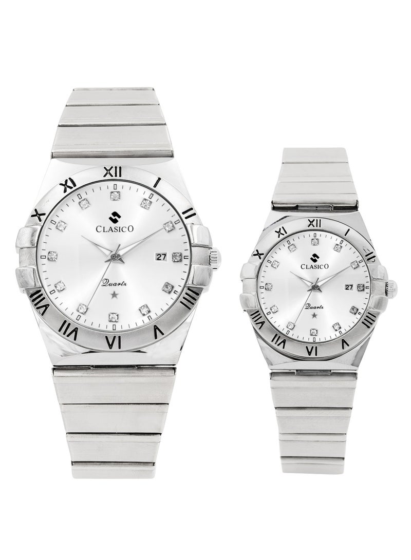 Clasico Twin-Face Couple Edition – Silver Radiance with Silver Dial – 6-Hands Chronograph Watch with Steel Strap – Waterproof Design – Watch Gift Set 40mm & 36mm  - Image 1