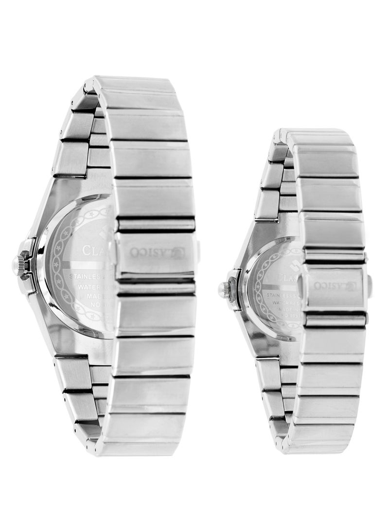 Clasico Twin-Face Couple Edition – Silver Radiance with Silver Dial – 6-Hands Chronograph Watch with Steel Strap – Waterproof Design – Watch Gift Set 40mm & 36mm  - Image 2