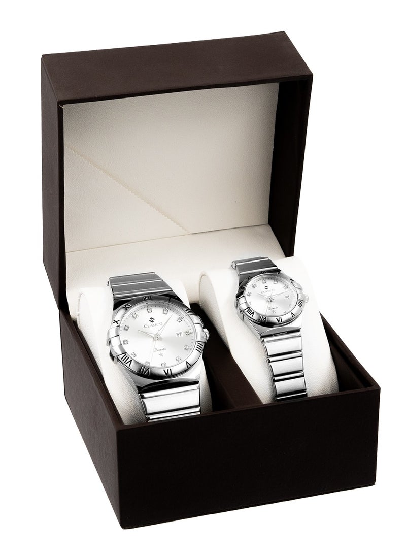 Clasico Twin-Face Couple Edition – Silver Radiance with Silver Dial – 6-Hands Chronograph Watch with Steel Strap – Waterproof Design – Watch Gift Set 40mm & 36mm  - Image 3