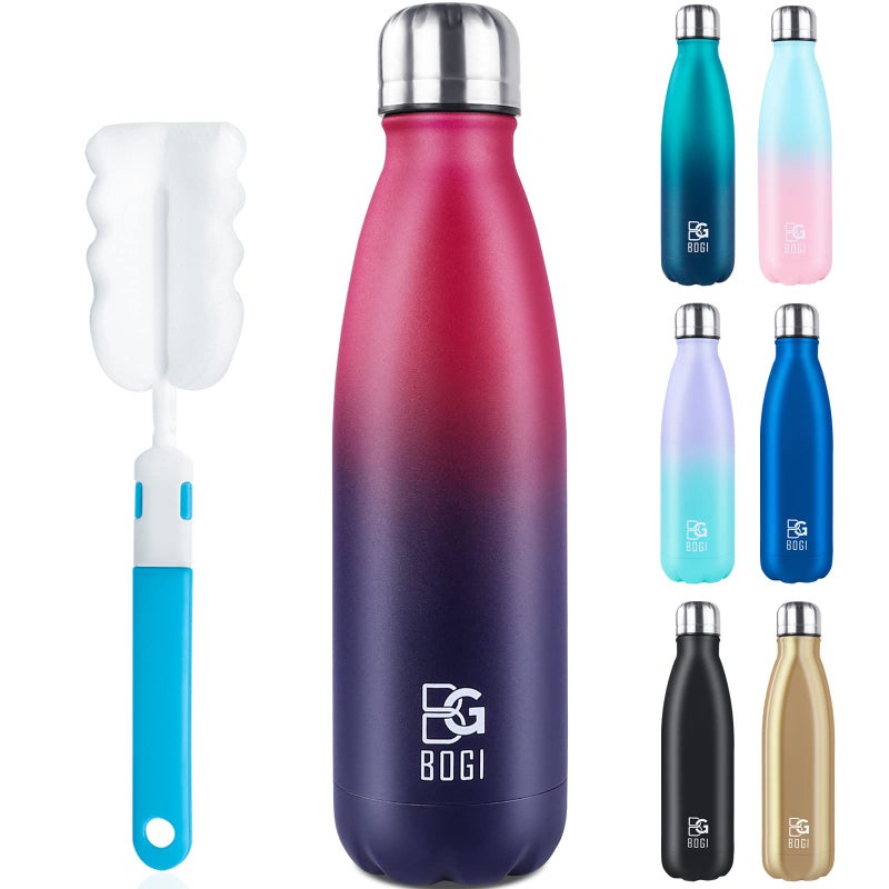 BOGI Insulated Water Bottle 17oz Stainless Steel Water Bottles Leak Proof Sports Metal Water Bottles Keep Cold for 24 Hours and Hot for 12 Hours BPA Free kids water bottle for School DBlue Red