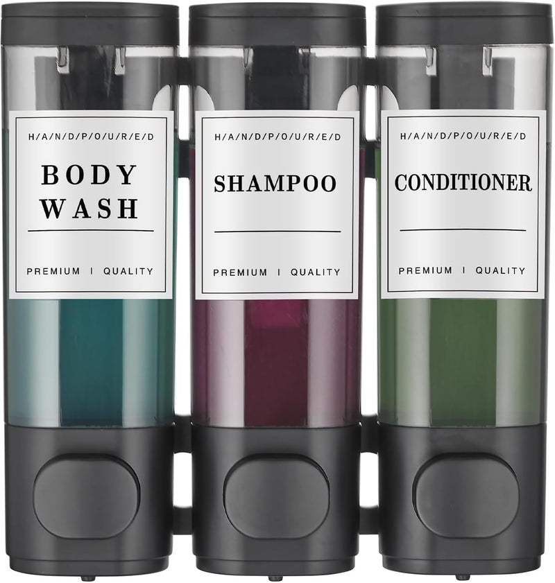 Cabo Deseado Shower Soap Dispenser Wall Mounted No Drill Shampoo Dispenser for Shower Wall Shampoo and Conditioner Dispenser Bathroom Hotel 3 * 300ml Black with Labels - Image 1