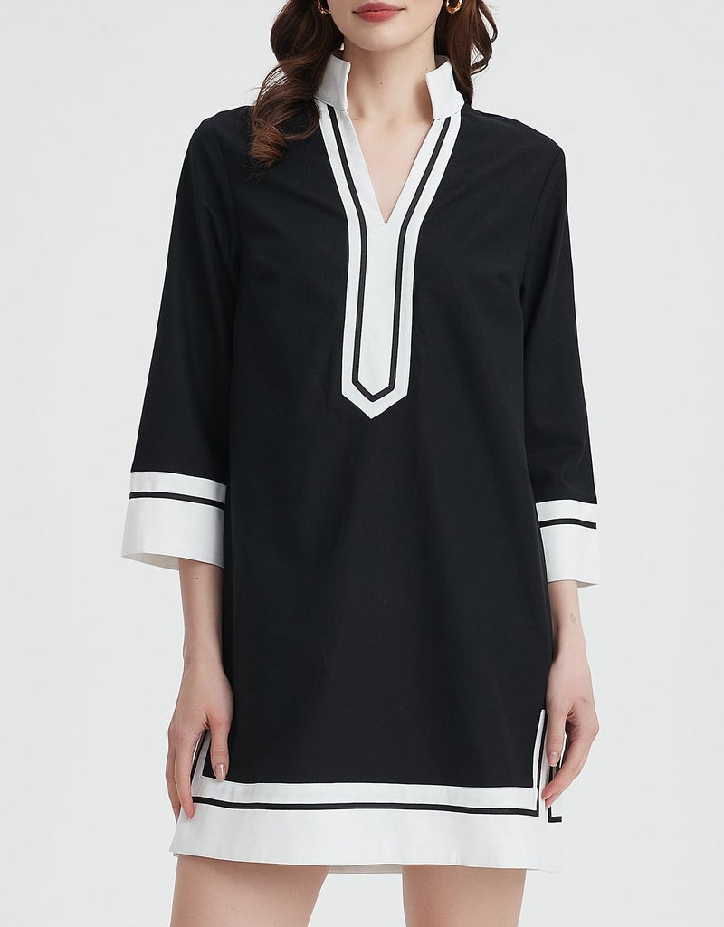 Kedera Women's Color Block Shift Dress V Neck 3/4 Sleeve Casual Collared Shirt Mini Tunic Dress with Pockets Black - Image 3