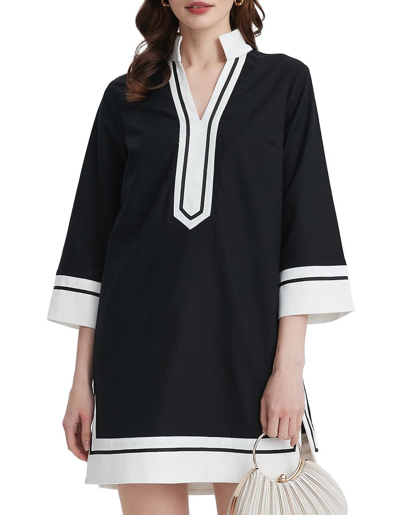 Kedera Women's Color Block Shift Dress V Neck 3/4 Sleeve Casual Collared Shirt Mini Tunic Dress with Pockets Black - Image 1
