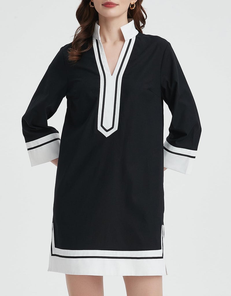 Kedera Women's Color Block Shift Dress V Neck 3/4 Sleeve Casual Collared Shirt Mini Tunic Dress with Pockets Black - Image 4