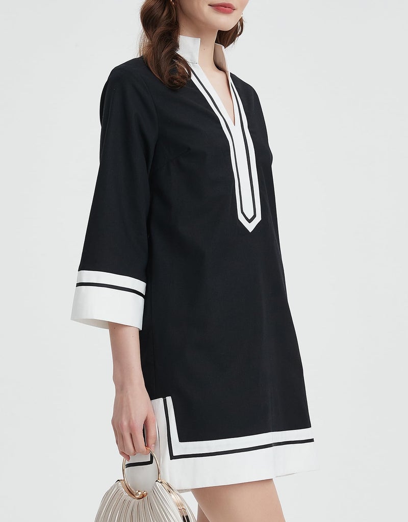 Kedera Women's Color Block Shift Dress V Neck 3/4 Sleeve Casual Collared Shirt Mini Tunic Dress with Pockets Black - Image 5