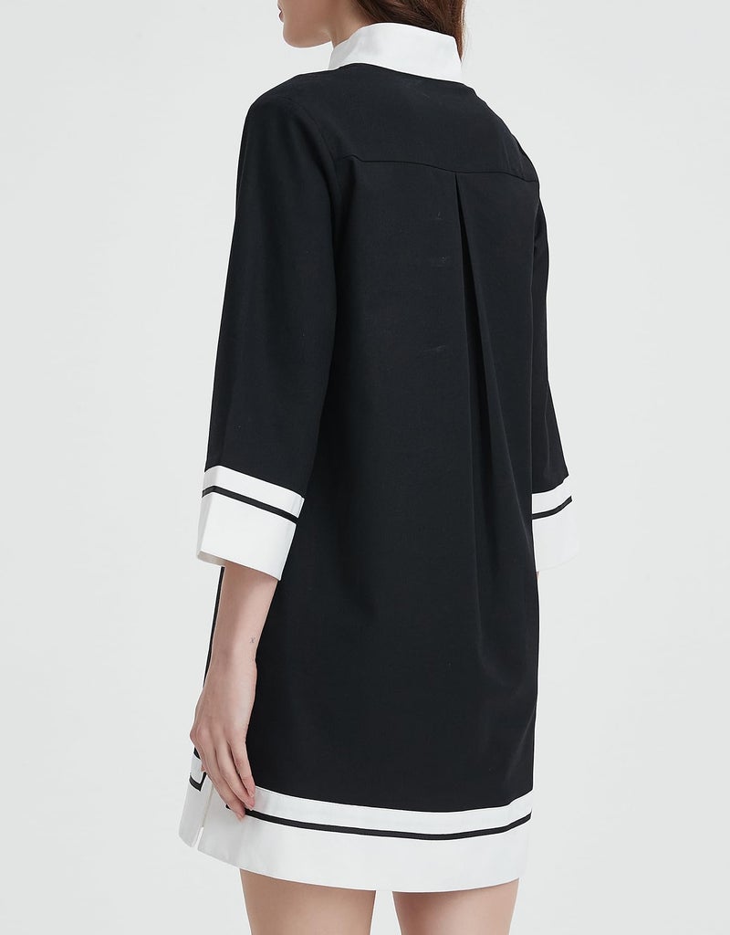 Kedera Women's Color Block Shift Dress V Neck 3/4 Sleeve Casual Collared Shirt Mini Tunic Dress with Pockets Black - Image 2