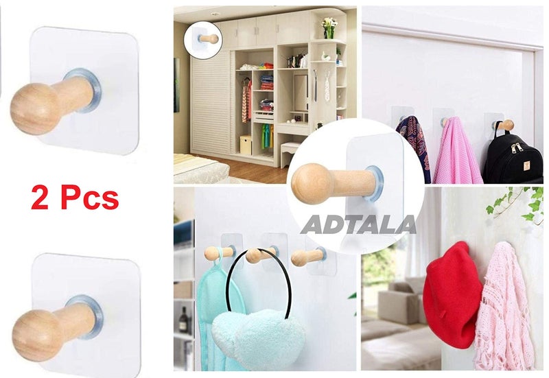 ADTALA Wooden Adhesive Wall Hooks Utility for Towel Bathrobe Coat - 2 Pieces - Image 2