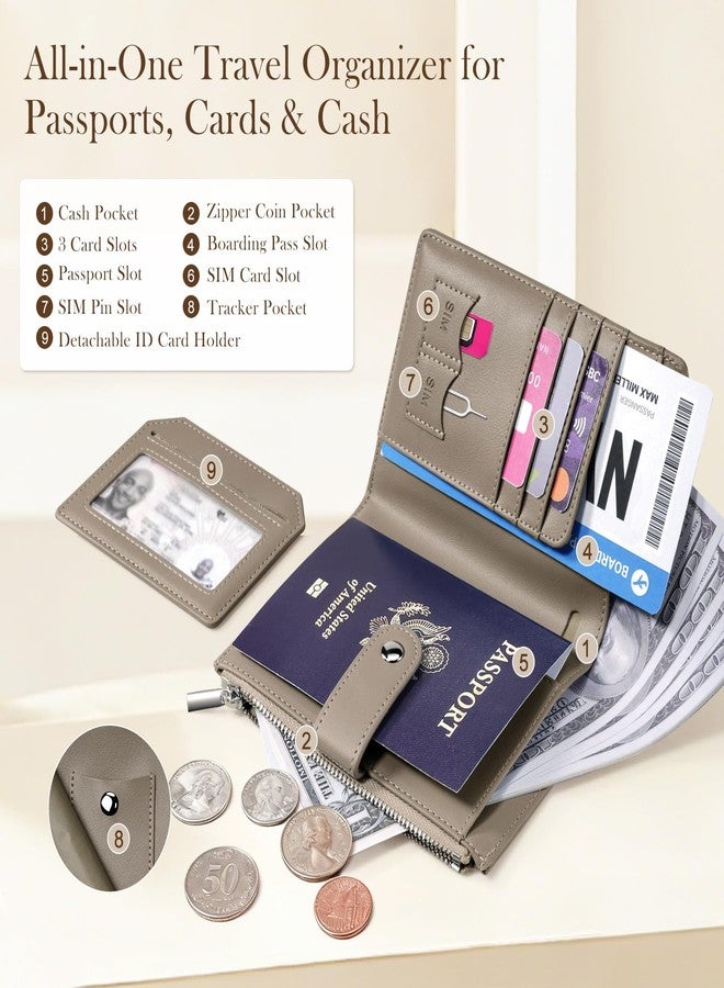 Dadanism حافظة جواز سفر وبطاقات ائتمان من دادانيزم، مزودة بتقنية حجب الترددات اللاسلكية (RFID)، غطاء جواز سفر رفيع من الجلد الصناعي مع جيب بسحاب للعملات المعدنية، محافظ صغيرة للرجال والنساء، مستلزمات أساسية للسفر ورحلات العمل، لون بني كاكي - Image 3