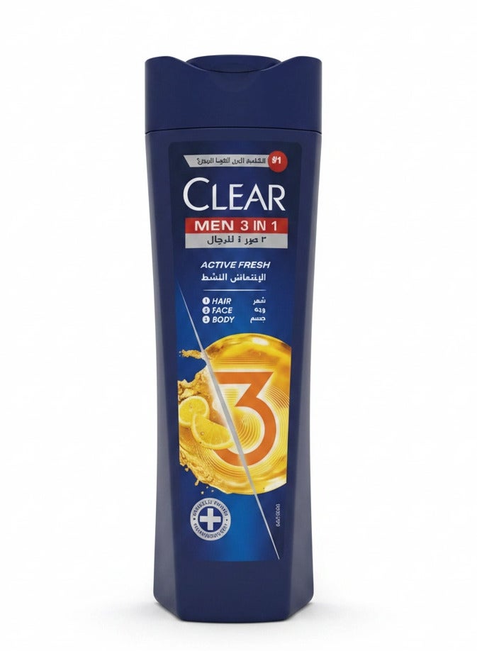 Clear Men 3-in-1 Active Fresh Shampoo for Hair, Face & Body, Anti-Dandruff 400ml - Image 1