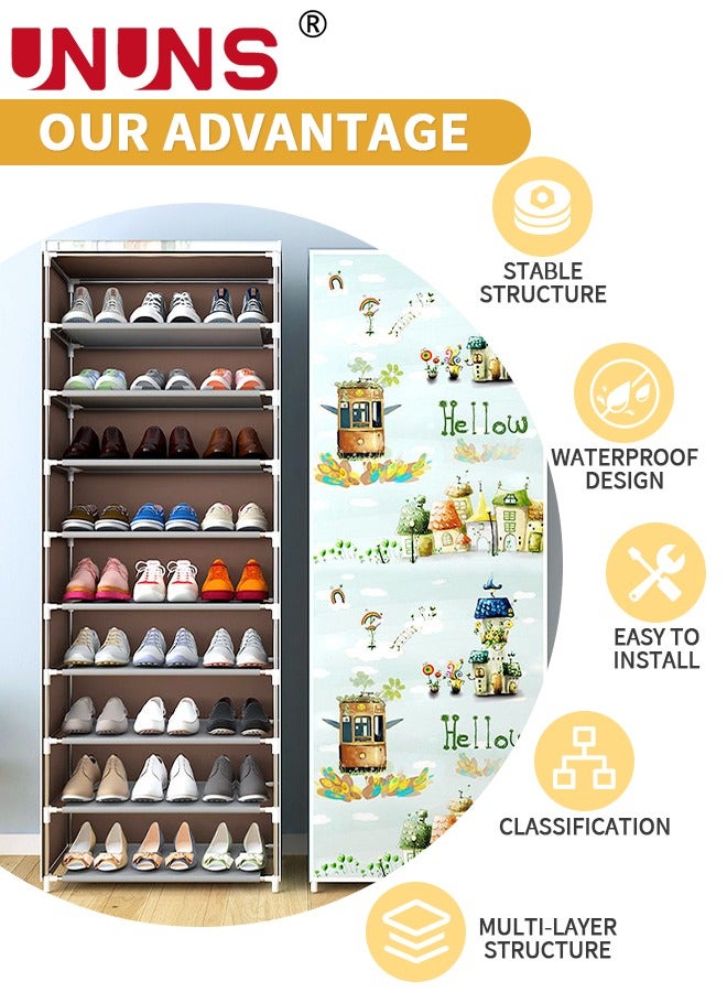 UNUNS خزانة أحذية، صندوق تخزين أحذية مكون من 10 طبقات لـ 27 زوجًا، غطاء منظم أحذية قابل للطي، رف غطاء أحذية، خزانة تخزين أحذية محمولة - Image 5