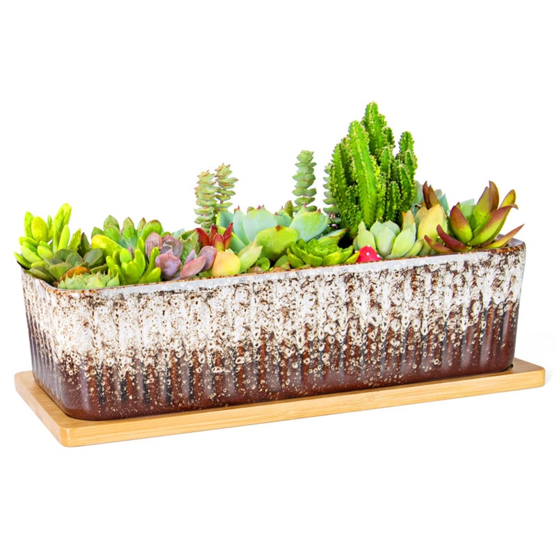 ARTKETTY Succulent Pots - 12 Inch Large Succulent Planters with Drainage Tray, Window Sill Planter, Long Rectangle Ceramic Pots for Indoor Cactus Plants Shallow Bonsai Window Box for Home Garden Decor - Image 1