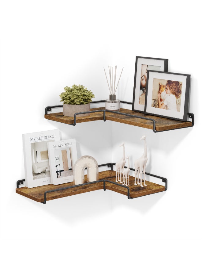 VASAGLE Corner Shelves, Set of 2 L-Shaped Wall Floating Shelves, Industrial Style, for Living Room, Bedroom, Kitchen, Rustic Brown and Black - Image 1