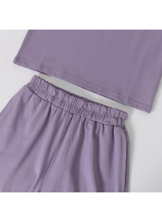ACESTAR Toddler Baby Girls Summer Clothes Set - Cotton Solid Plain Short Sleeve T-Shirt Tops + Shorts Cute Outfits Set (Purple,100/2T-3T) - Image 5